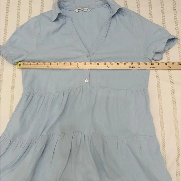 ZARA Linen Blend Tiered Babydoll Mini Dress Blue Medium Coastal Summer - Picture 6 of 7
